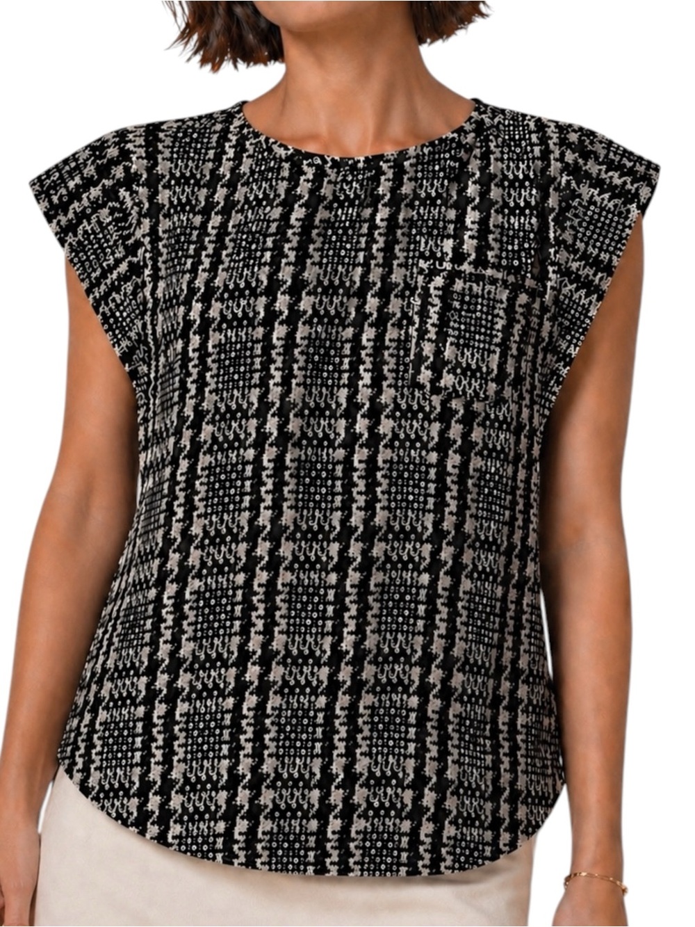 JOIE Silk Houndstooth Plaid Black White Blouse XS